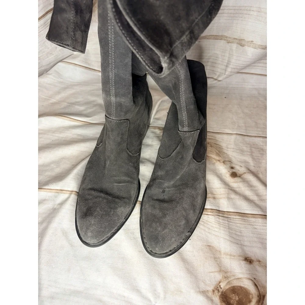 Born Crown Gray Suede Knee High Boots Women Size 10 Low Heel Pull‎ On